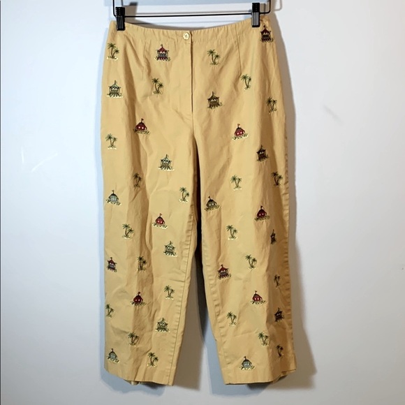 Vintage Talbots petites embroidered novelty tiki khaki wide leg capri? pant 10 - Picture 1 of 11